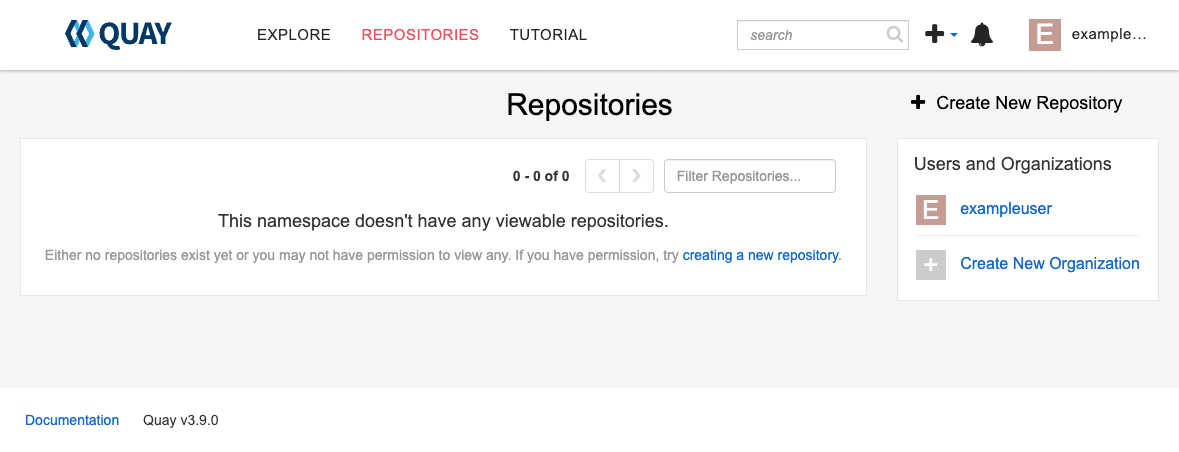 The Project Quay new user empty repositories screen