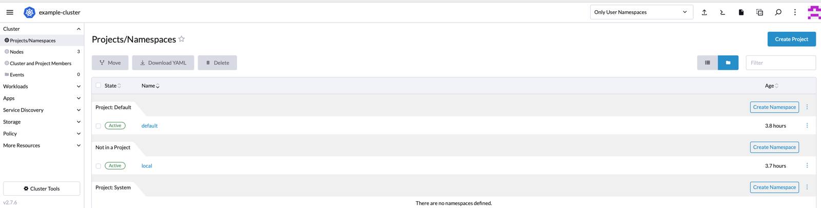 Rancher cluster selection menu - list of projects