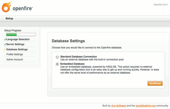 Database type selection in Openfire setup on Ubuntu 9.04 (Jaunty).