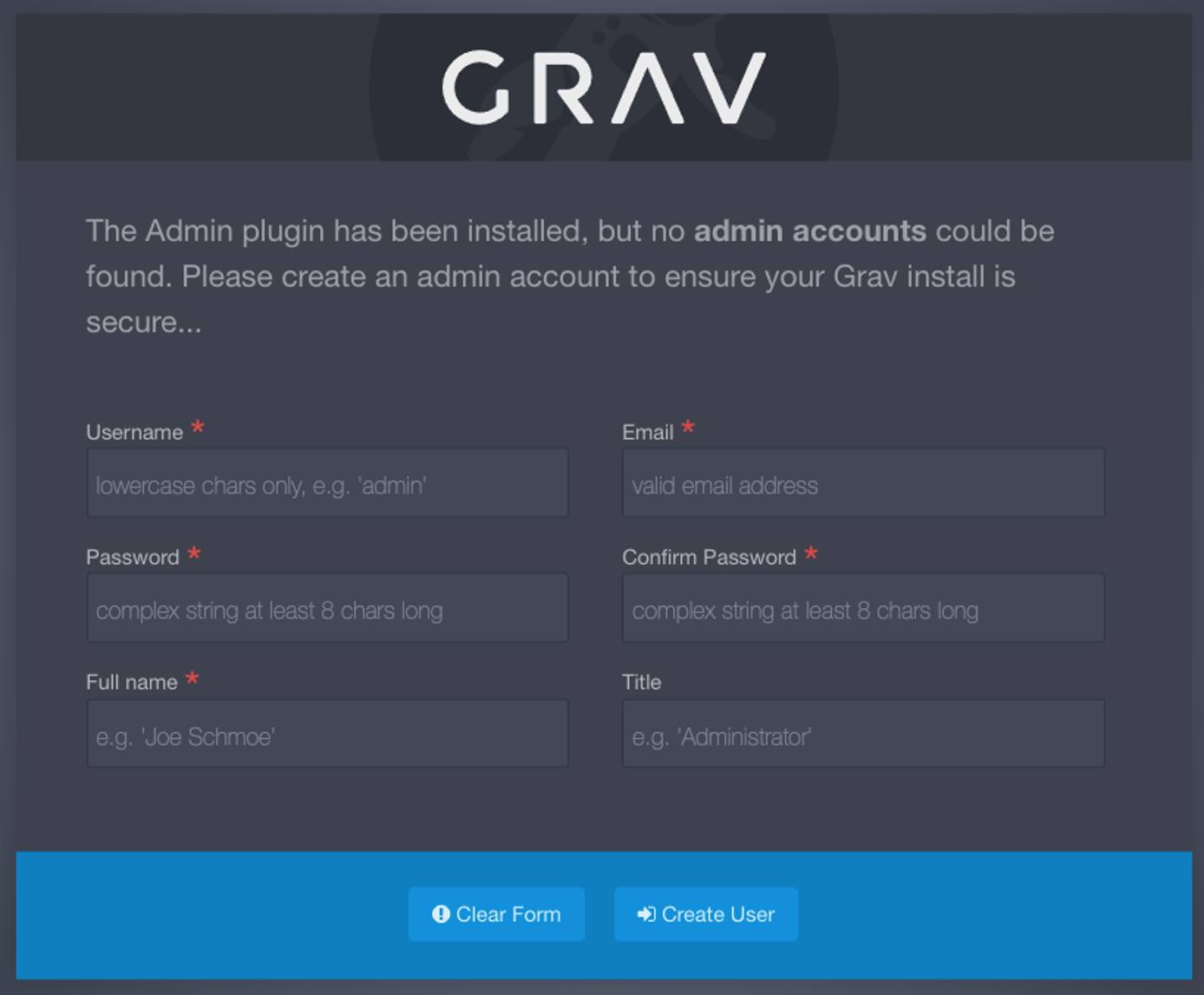 Screenshot of the Create Admin Account form in Grav