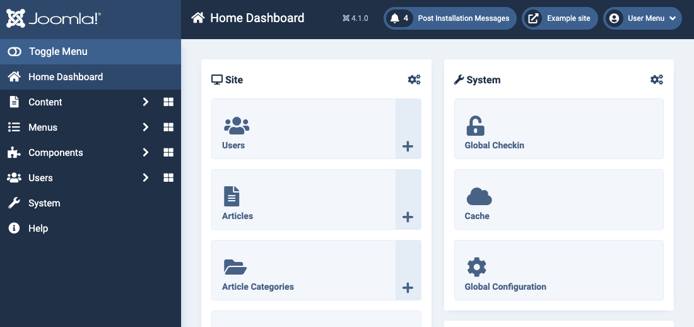 Screenshot of a Joomla admin dashboard